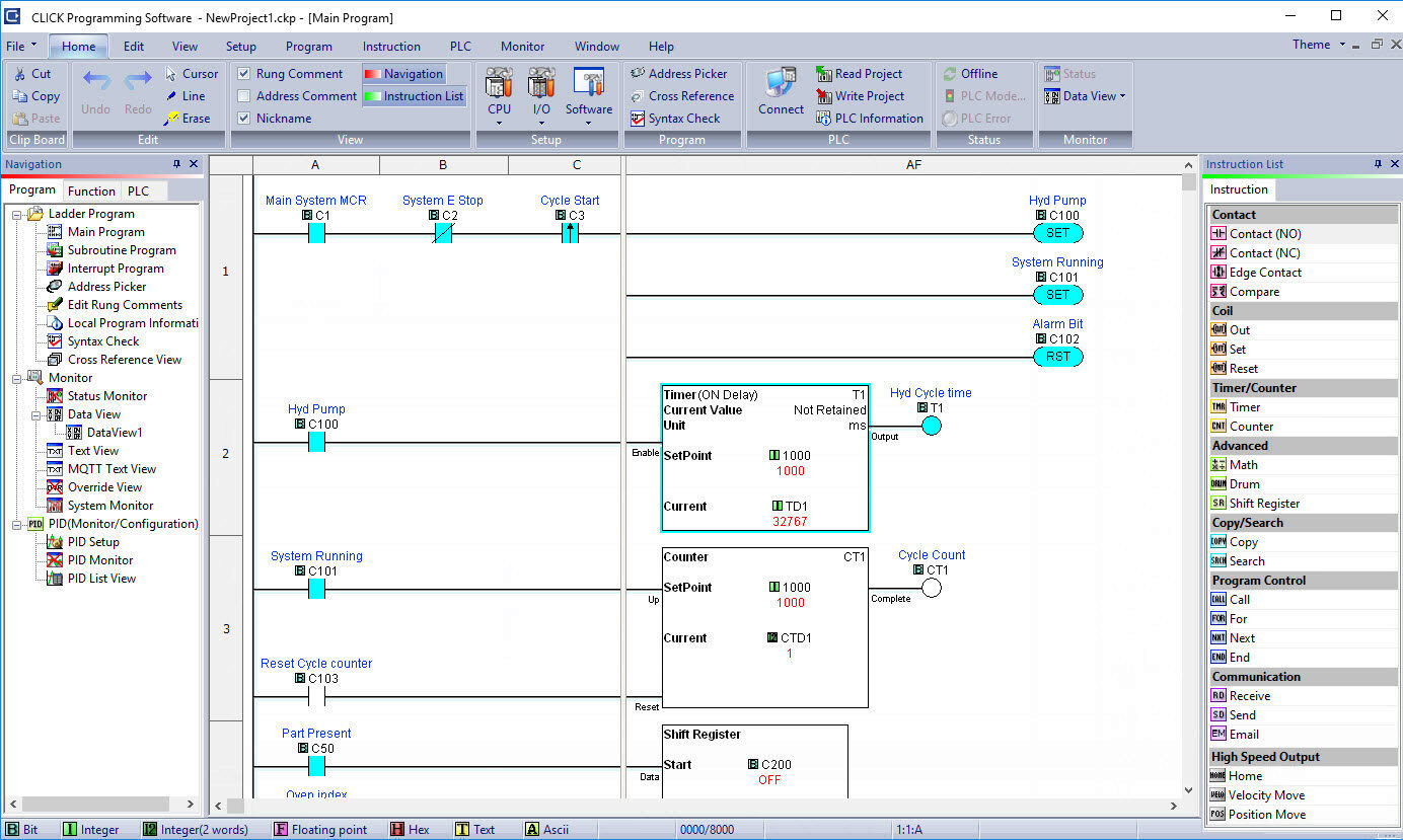 CLICK Software screenshot (ladder logic)