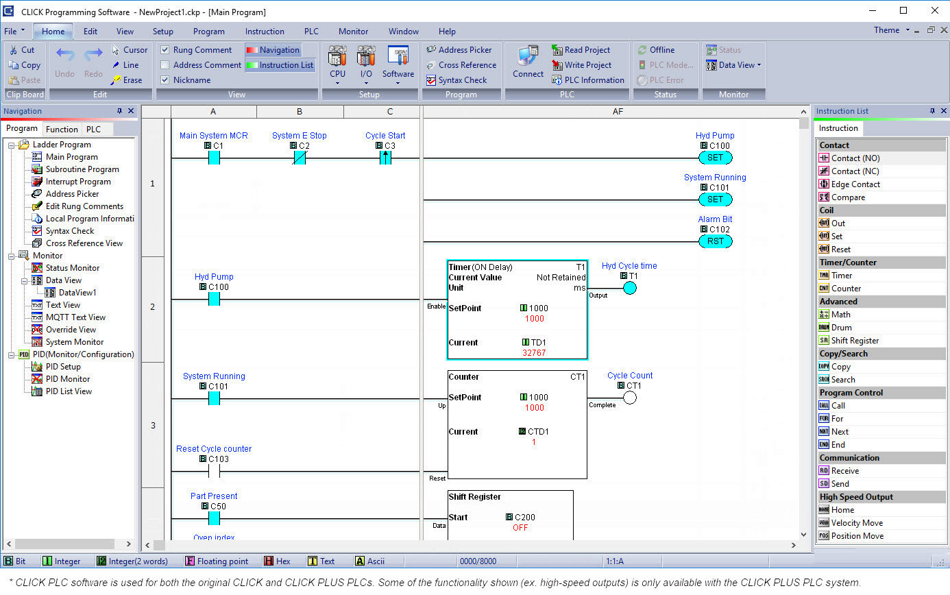 CLICK Software screenshot (ladder logic)