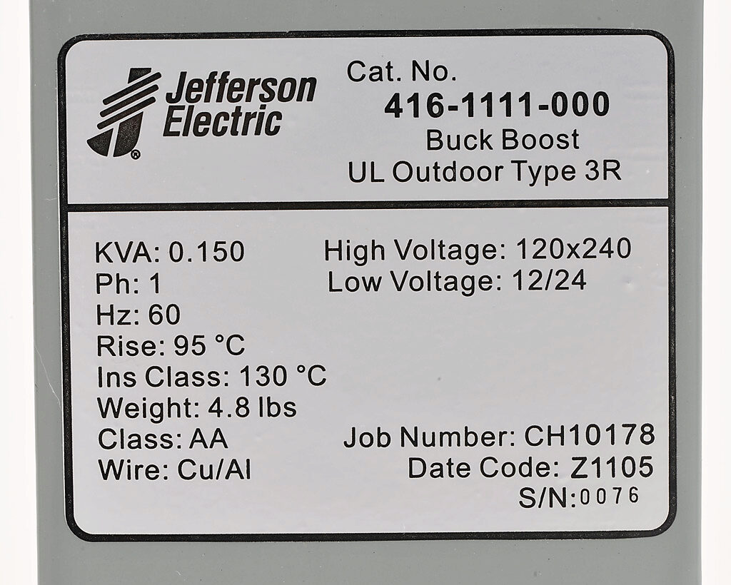 Jefferson Electric 516-1111-101 Buck Boost Powerformer Transformer 120//240 12//24
