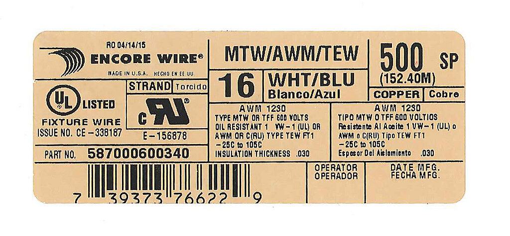 16 AWG MTW UL Panel Wire, Green w/ Yellow Stripe, 500ft /reel