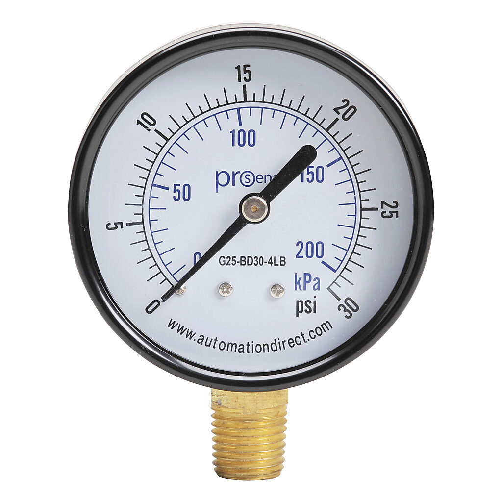 mechanical pressure gauge, 2.5in diameter, 0 to 30 psig