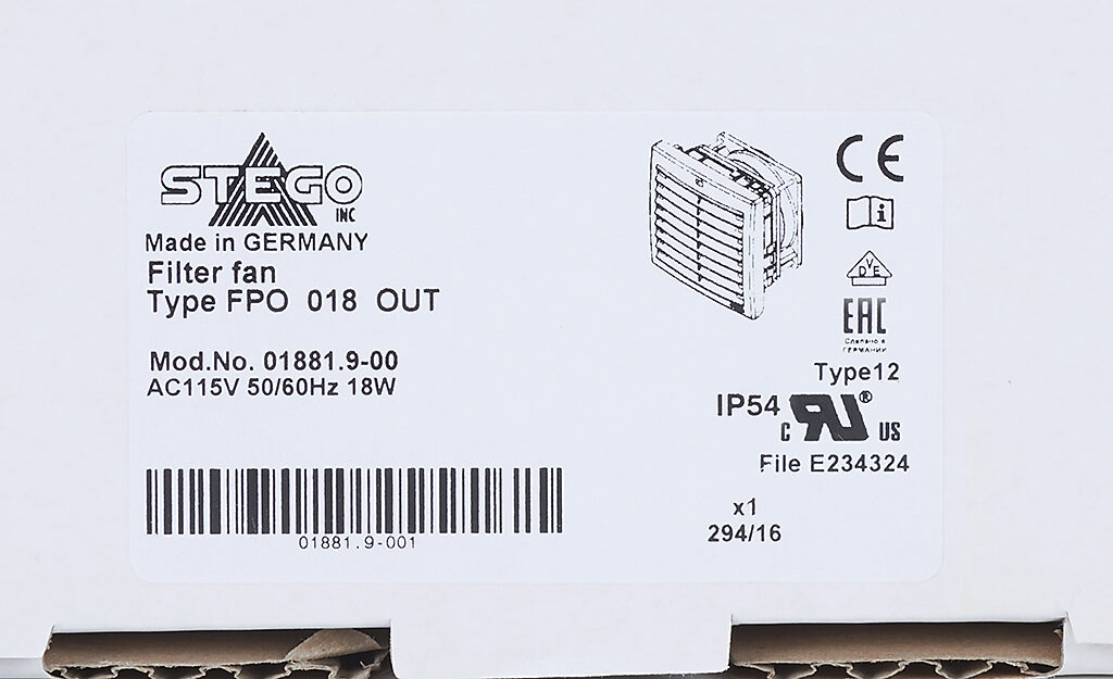 Enclosure Fan Assembly: exhaust, 69 CFM, 115 VAC operating voltage 