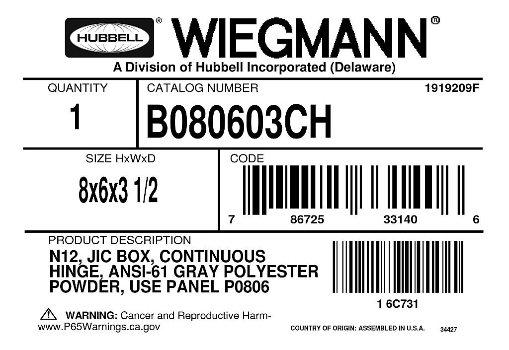 Wiegmann B080603CH Enclosure NEMA 12/13 6c731 for sale online 