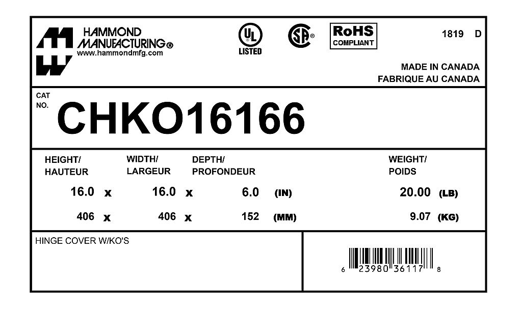 GRAY HAMMOND CHKO16166 ENCLOSURE JUNCTION BOX STEEL