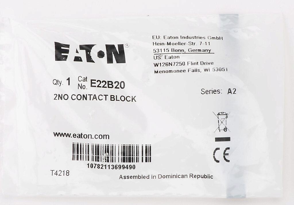 Eaton E22B20 2XNO New CONTACT BLOCK 10A 