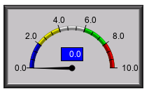 A speedometer with numbers and a blue rectangle  .