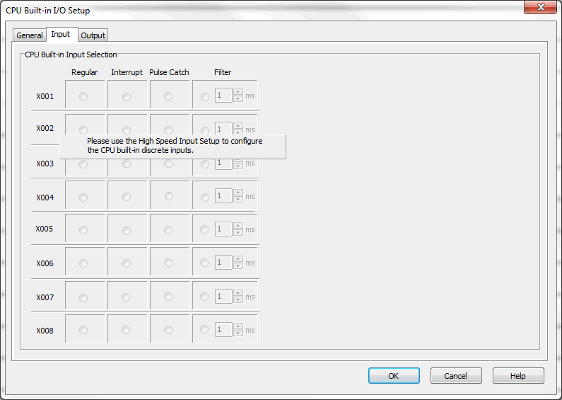CPU Built-in I/O Setup: Input Tab (Basic and Standard CPU)