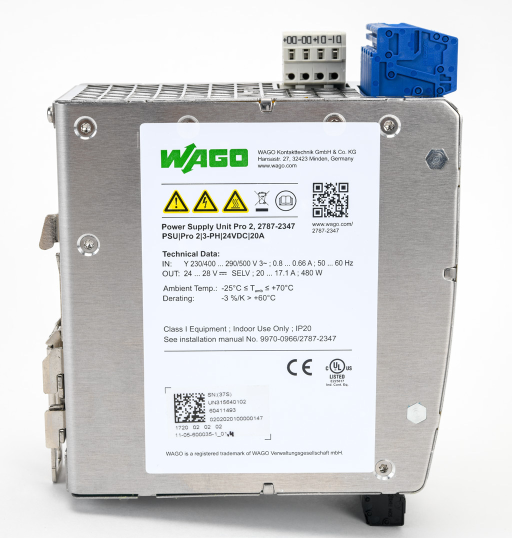 Power Supply: switching, Output: 24 VDC @ 20A/480W (adjustable