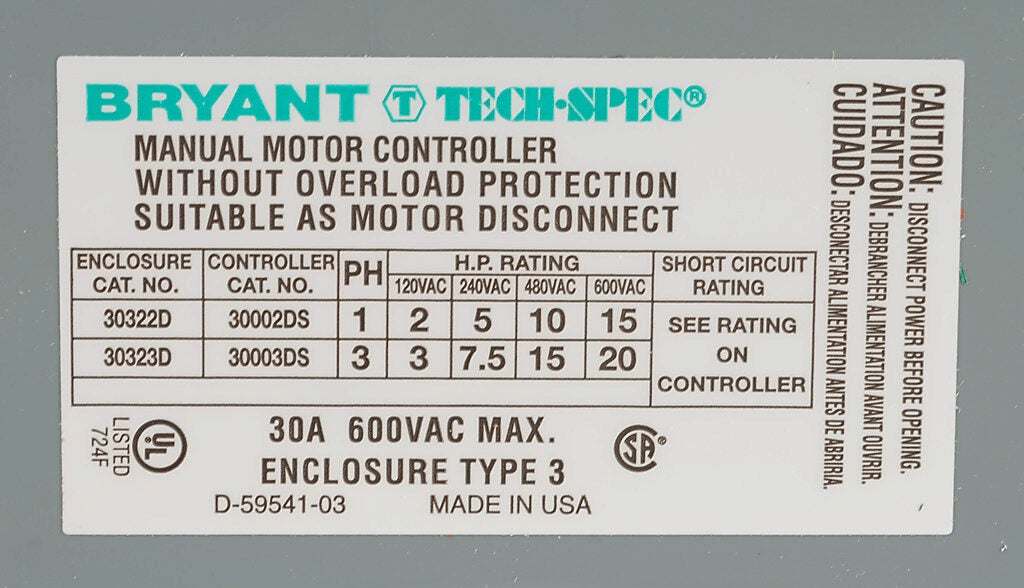 Disconnect Switch: 2-pole, UL 508 rated, 30A (PN# 30322D