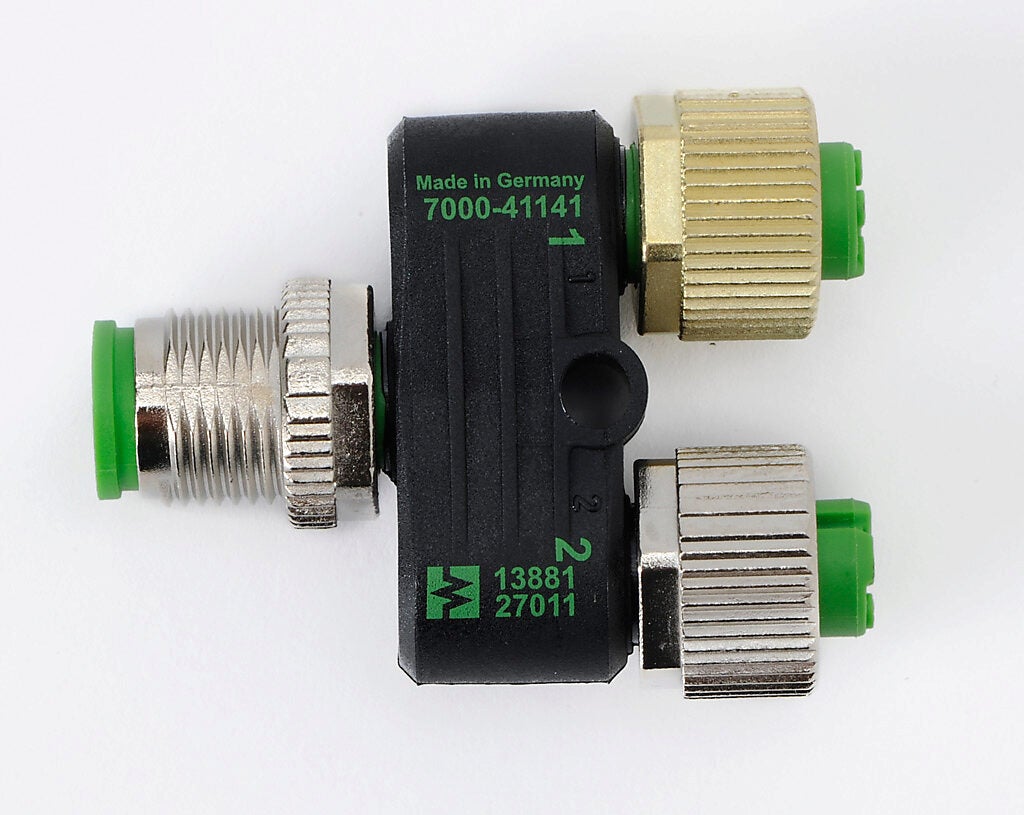 T-coupler: 5-pole male M12 barrel to (2) 5-pole female M12 nuts