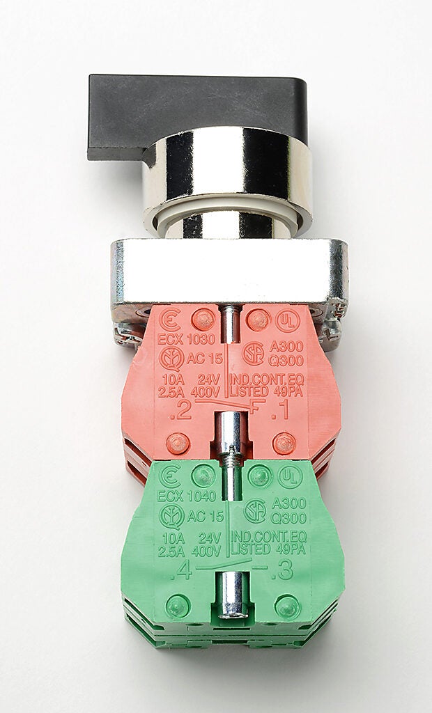 Selector Switch: spring return to center, 22mm, 3-pos, lever