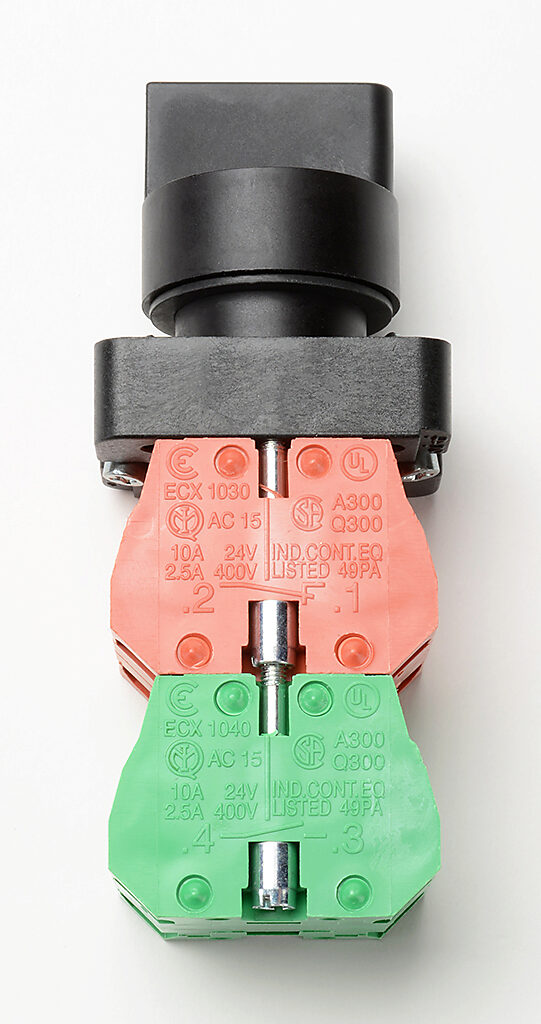 Selector Switch: spring return to center, 22mm, 3-pos, knob