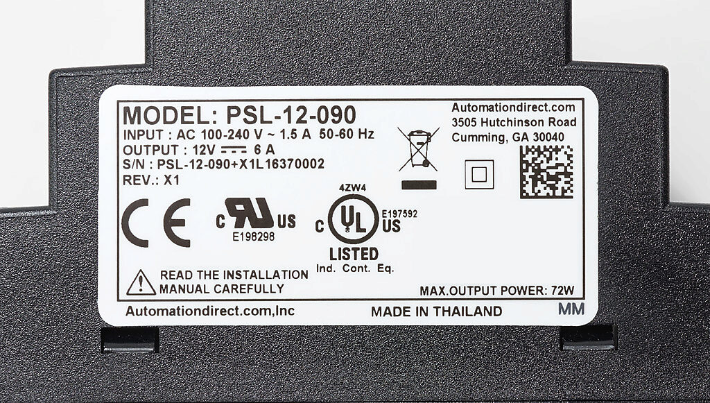 Power Supply: switching, Output: 12 VDC @ 6A/72W (adjustable) (PN