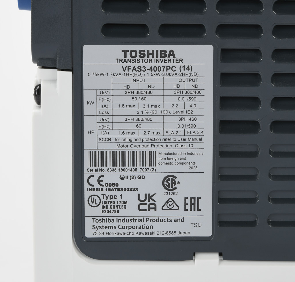 Toshiba AC High-performance Drive: 460 VAC, 1hp with 3-phase input