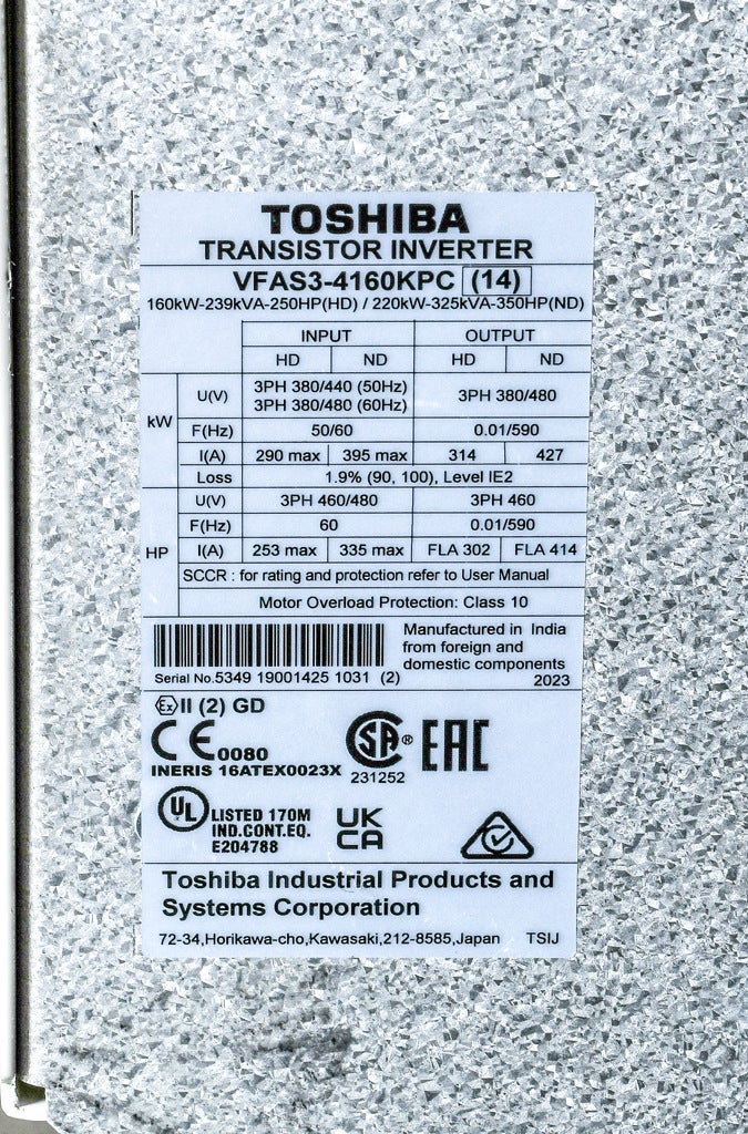 Toshiba AC High-performance Drive: 460 VAC, 250hp with 3-phase