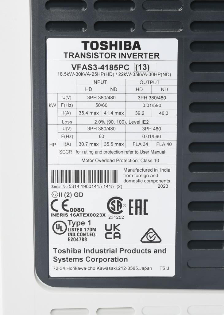 Toshiba AC High-performance Drive: 460 VAC, 25hp with 3-phase