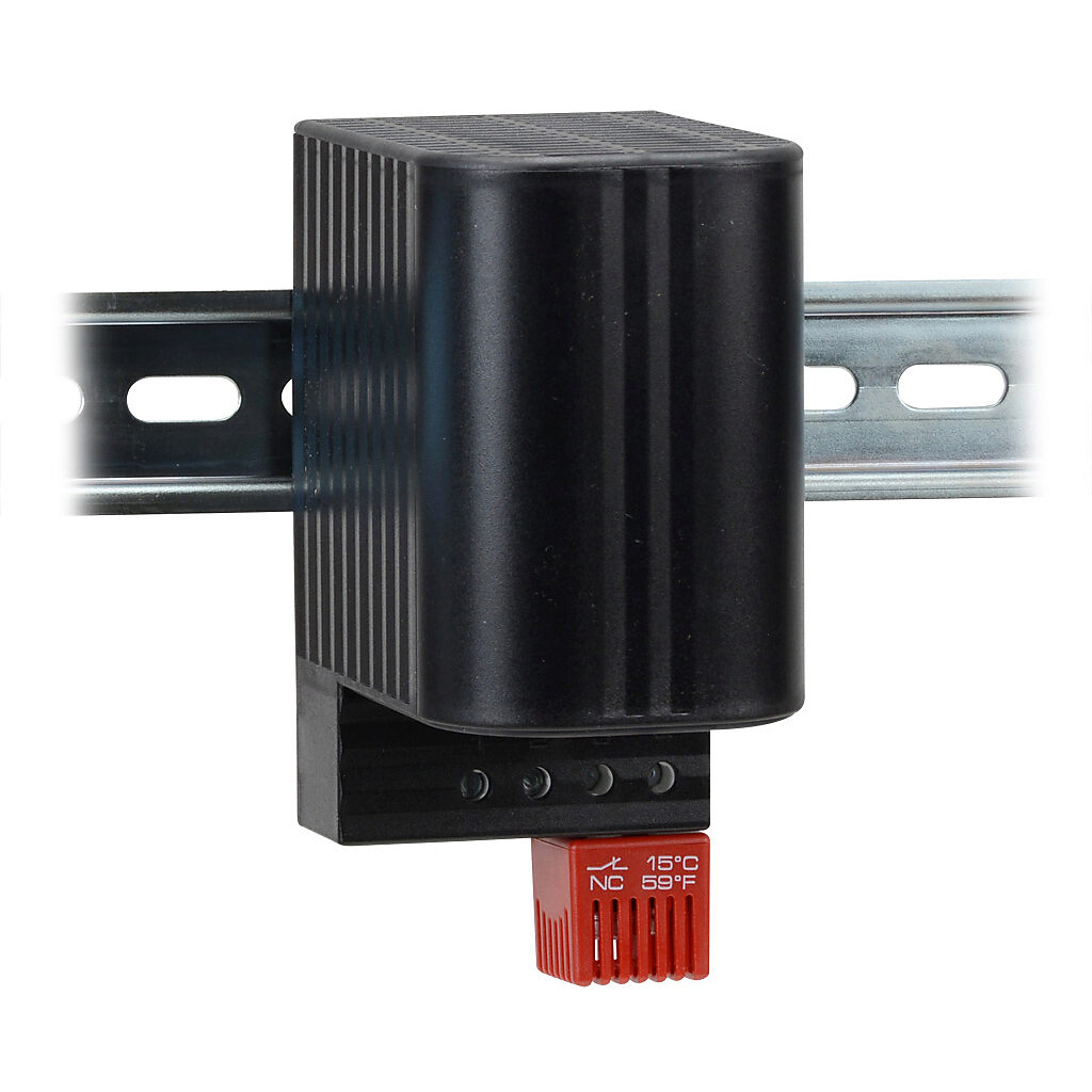 Enclosure Heater: 100W heating capacity, touch-safe PTC resistor