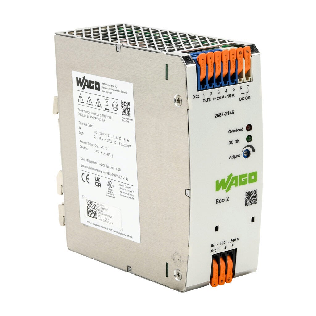 Power Supply: switching, Output: 24 VDC @ 10A/240W (adjustable