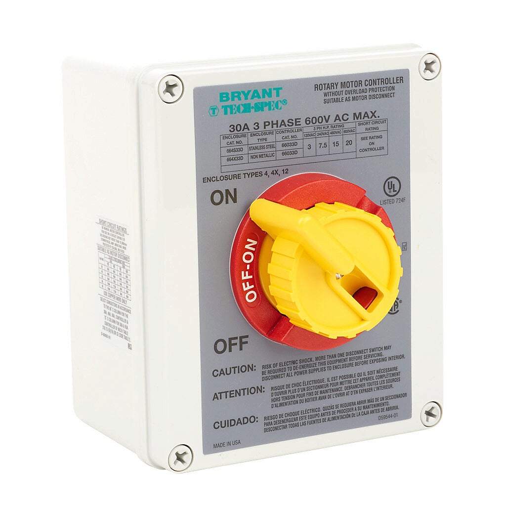 Manual Motor Controller: 30A, 3-pole, 20hp, NEMA 4X (PN# 664X33D