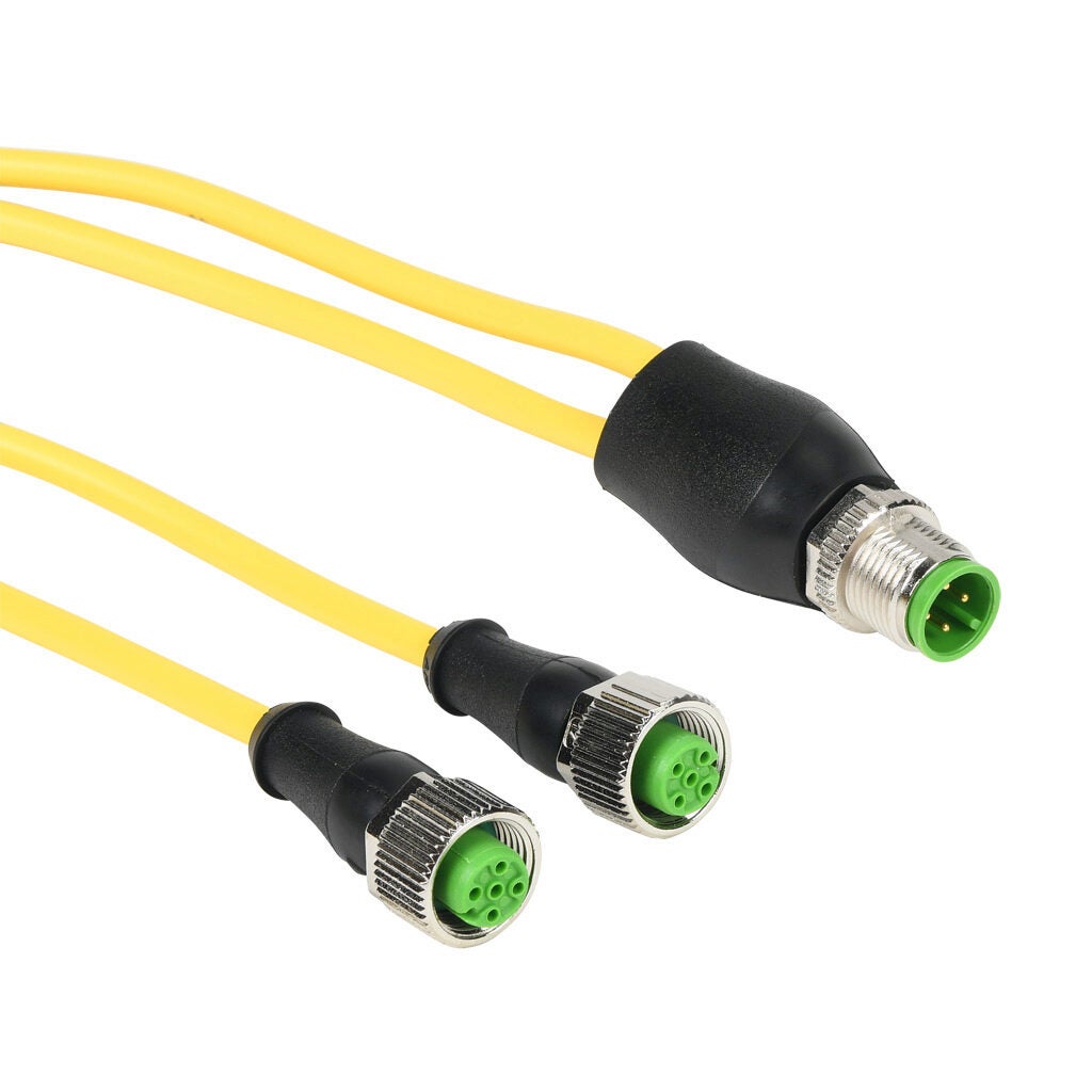 Y-coupler: 4-pin M12 axial male to (2) 5-pin M12 axial female (PN