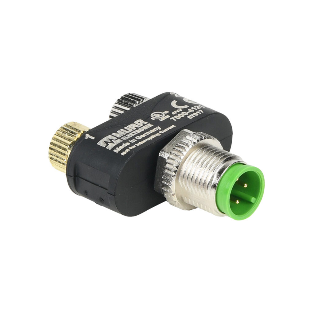 T-coupler: 4-pin M12 male to (2) 3-pin M8 female (PN# 7000-41211