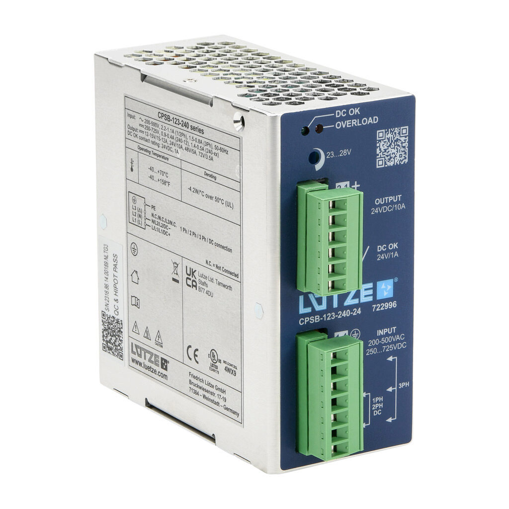Power Supply: switching, Output: 24 VDC @ 10A/240W (adjustable
