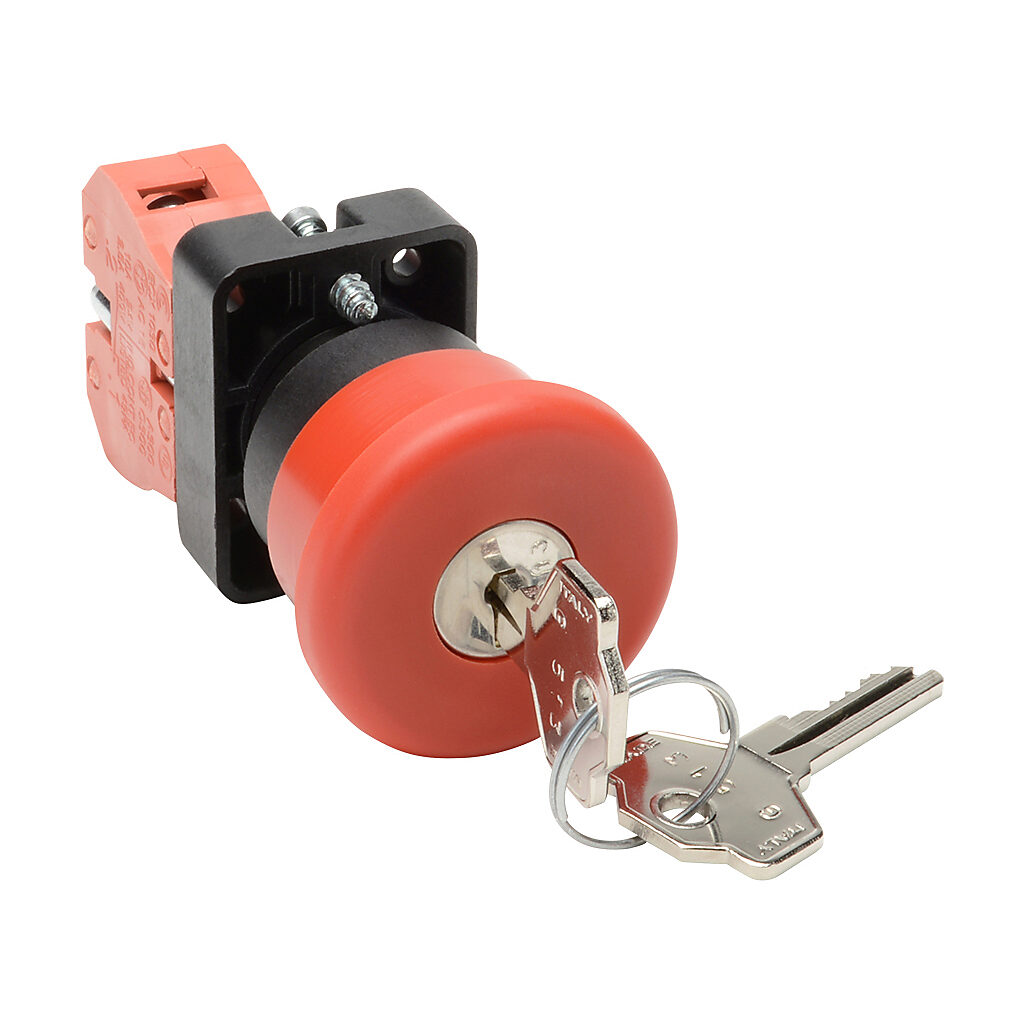 22mm Emergency Stop Pushbutton: key operated release, red, IP65
