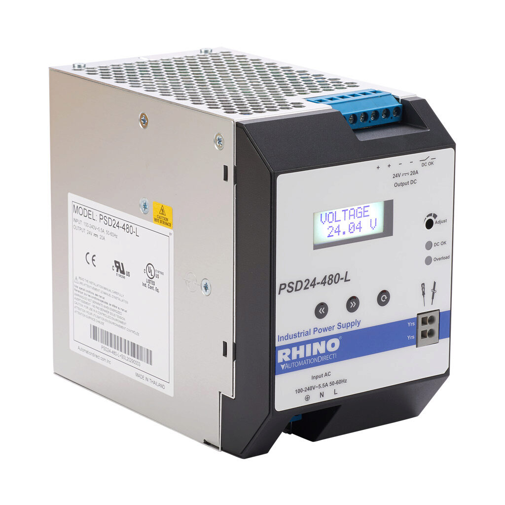 Power Supply: switching, Output: 24 VDC @ 20A/480W (adjustable