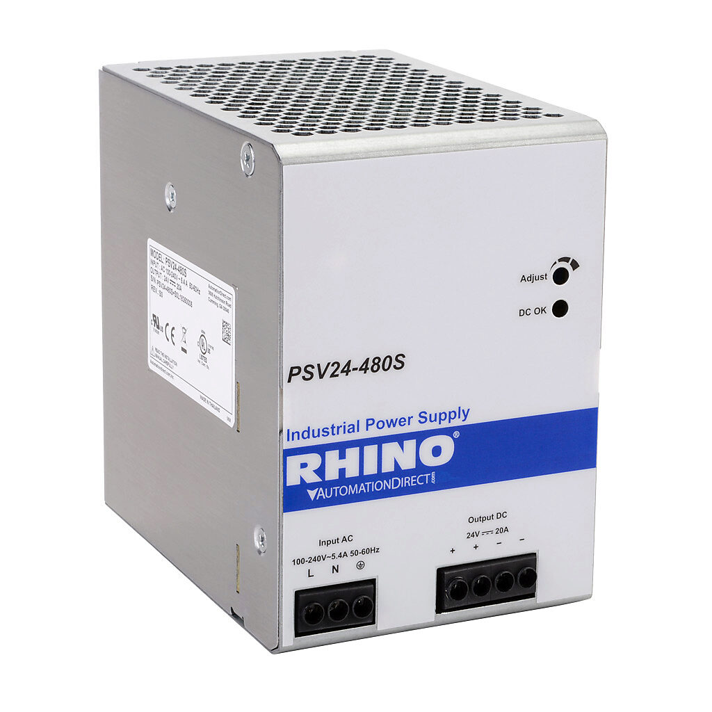 Power Supply: switching, Output: 24 VDC @ 20A/480W (adjustable
