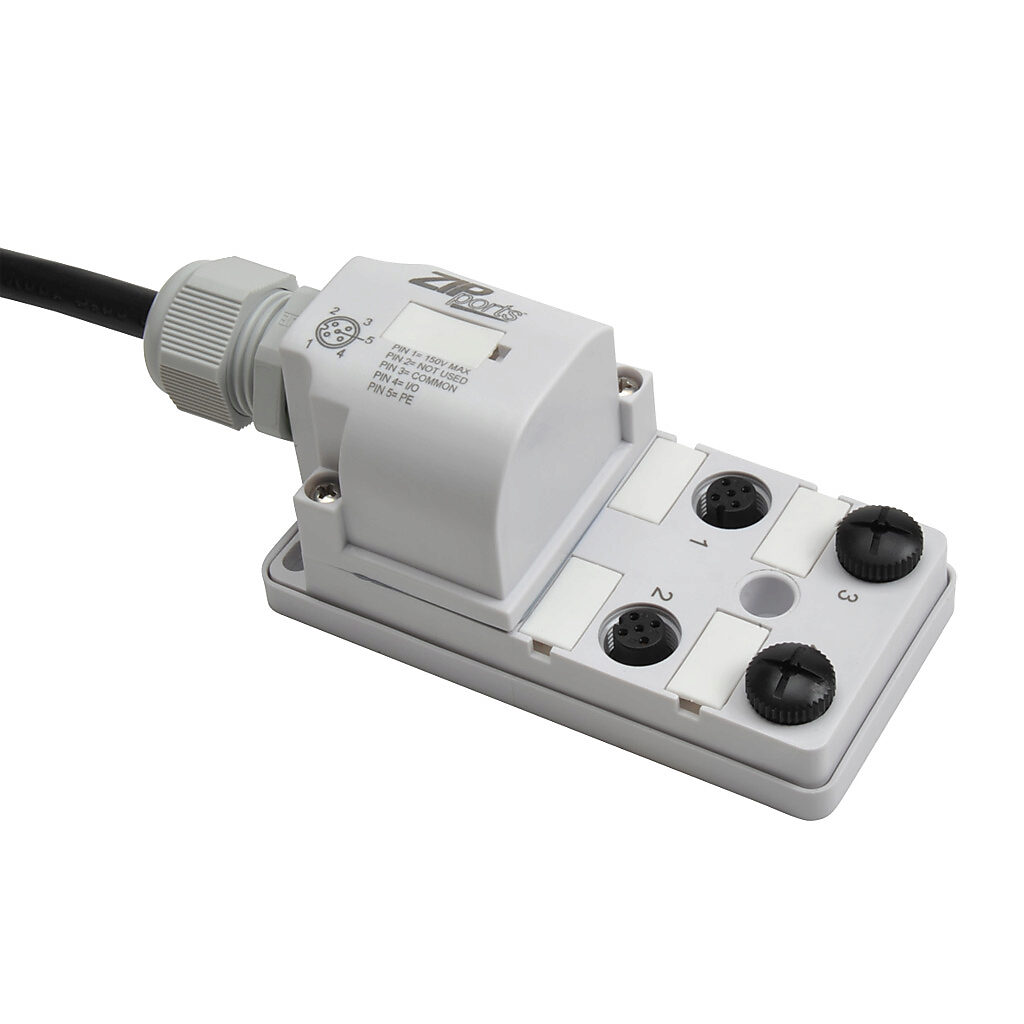 pino ZIPport Junction Block: 4 ports, 5-pin M12 sockets (PN# ZP-JBH44