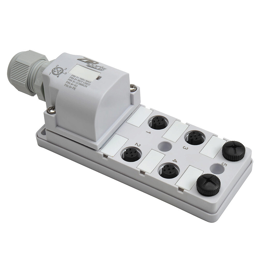 ZIPport Junction Block: 6 ports, 5-pin M12 sockets (PN# ZP-JBH64
