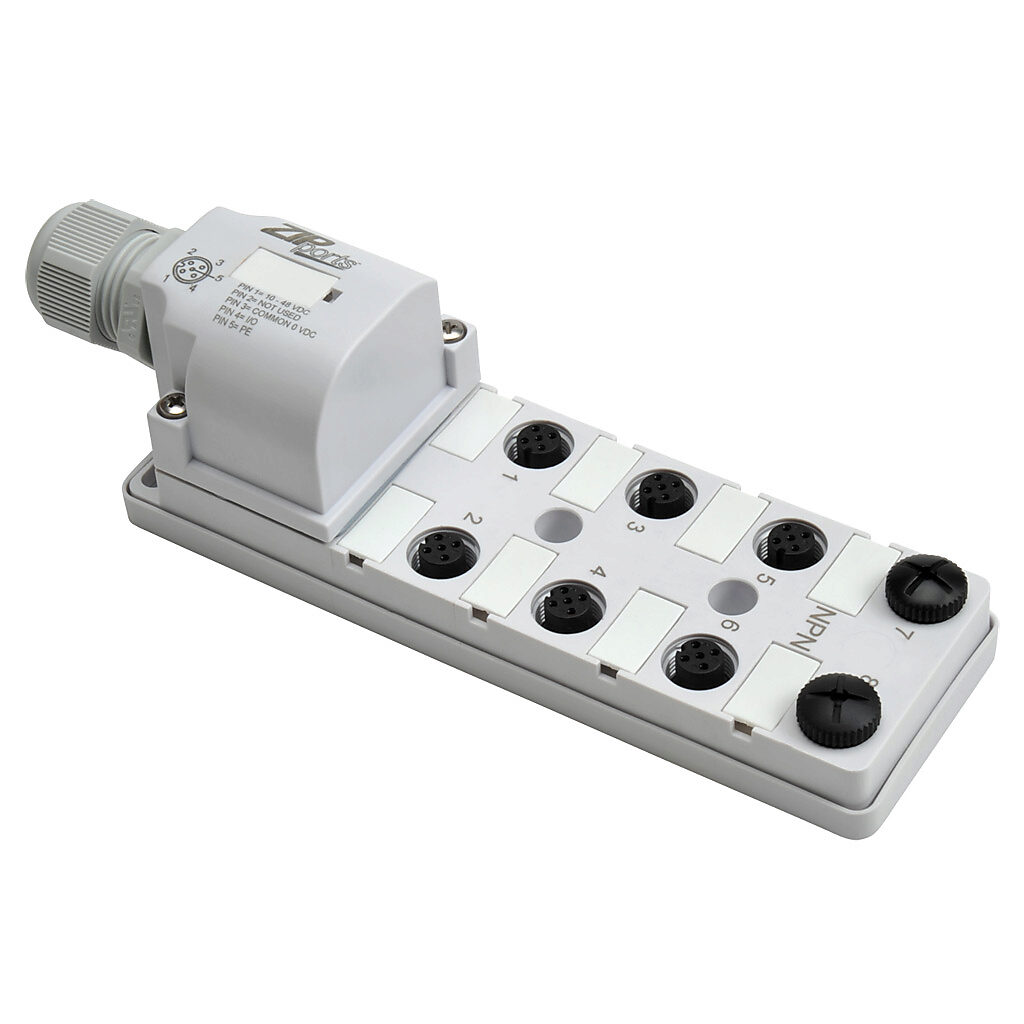 jun ZIPport Junction Block: 8 ports, 5-pin M12 sockets (PN# ZP-JBH84