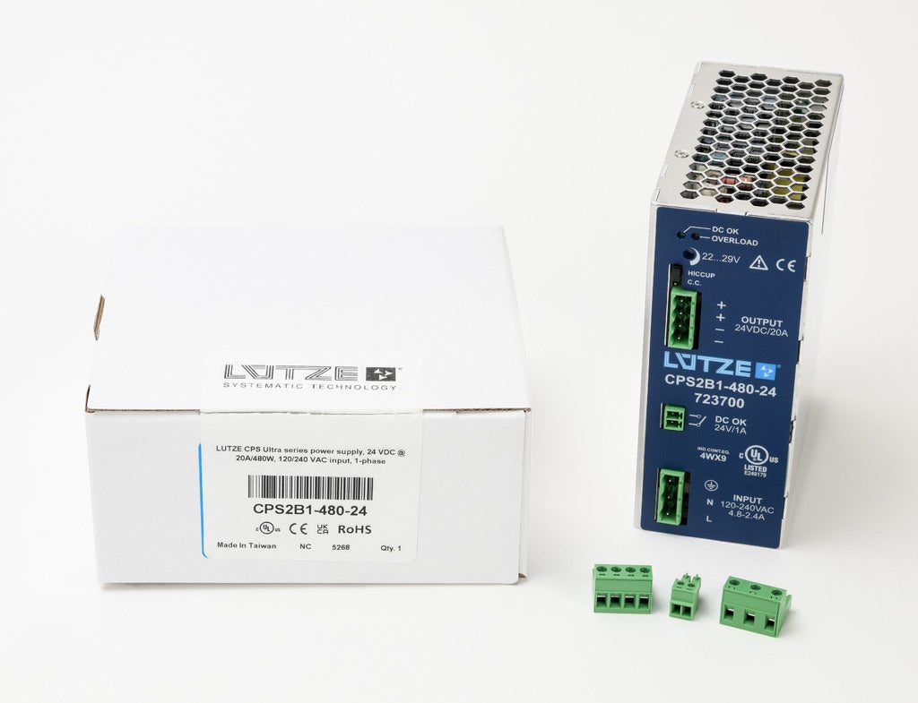 Power Supply: switching, Output: 24 VDC @ 20A/480W (adjustable