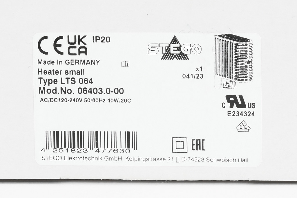 Enclosure Heater: 40W heating capacity, touch-safe PTC resistor