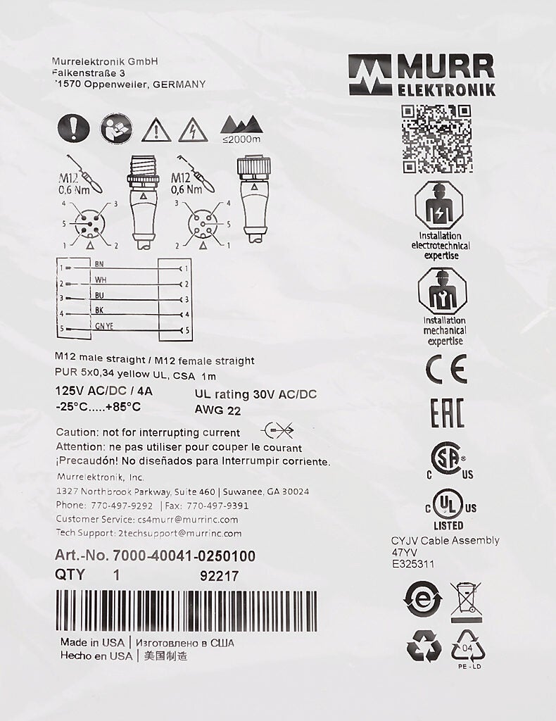Connection Cable: 3.2ft/1m, M12 axial male to M12 axial female (PN ...