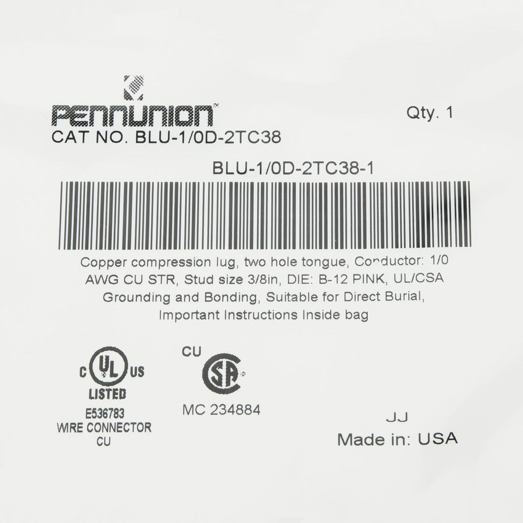 Compression Code Blu Sign Compression Lug: standard barrel, 35 kV, 1 openings (PN# BLU-1/0D-2TC38 ...