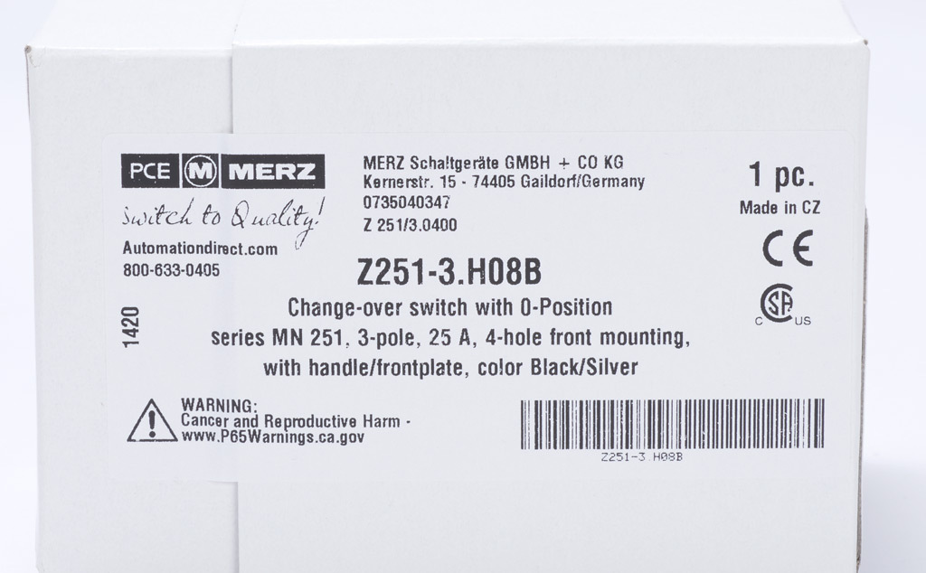 Cam Switch: 3-pole, 25A (PN# Z251-3.H08B) | AutomationDirect