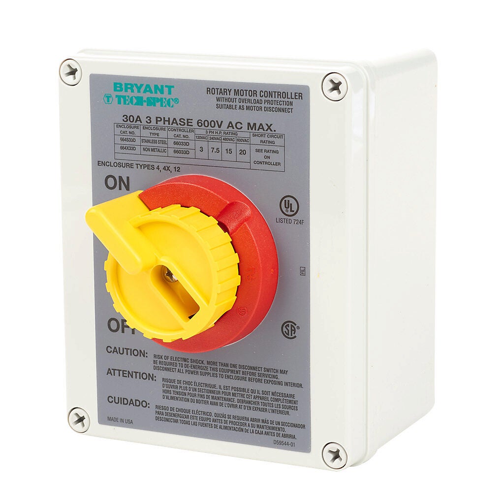Manual Motor Controller: 30A, 3-pole, 20hp, NEMA 4X (PN# 664X33D