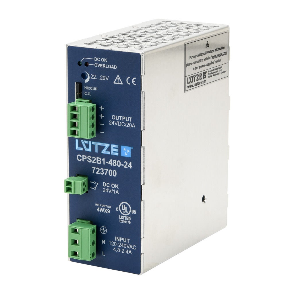 Power Supply: switching, Output: 24 VDC @ 20A/480W (adjustable