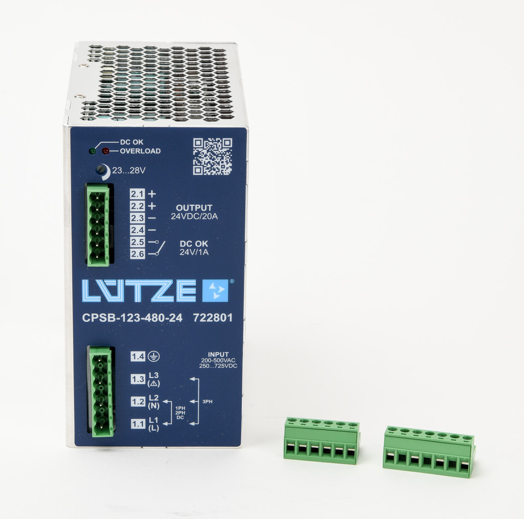 Power Supply: switching, Output: 24 VDC @ 20A/480W (adjustable