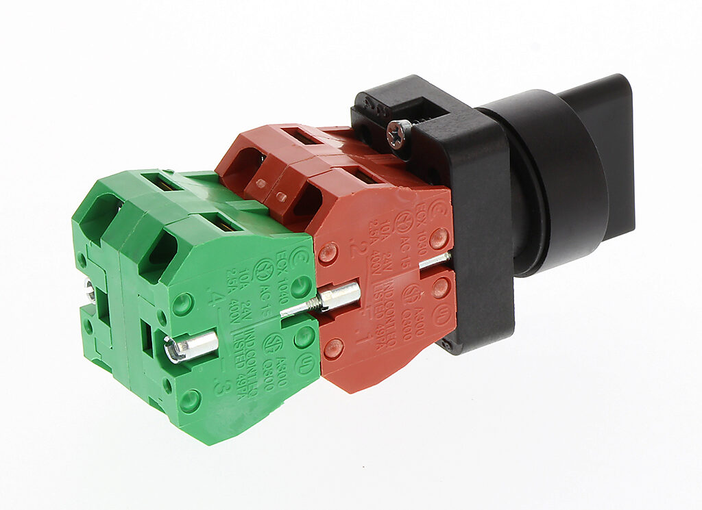 Selector Switch: spring return to center, 22mm, 3-pos, knob