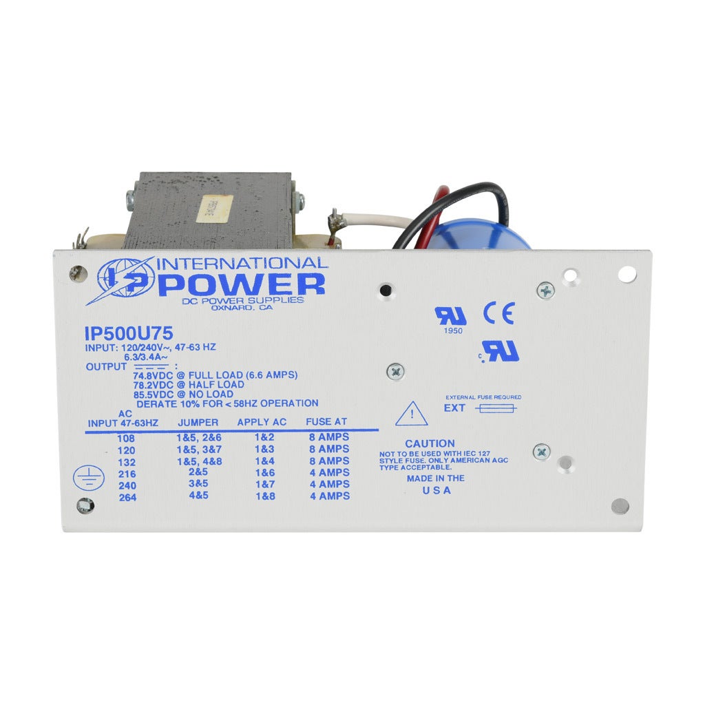 Power Supply: unregulated linear, Output: 75 VDC @ 6.6A/480W (PN