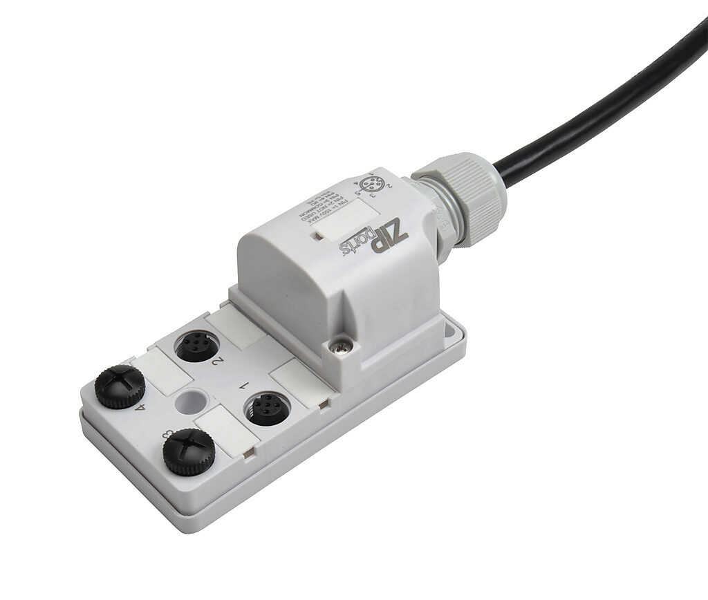 J＊J ZIPport Junction Block: 4 ports, 5-pin M12 sockets (PN# ZP-JBH44