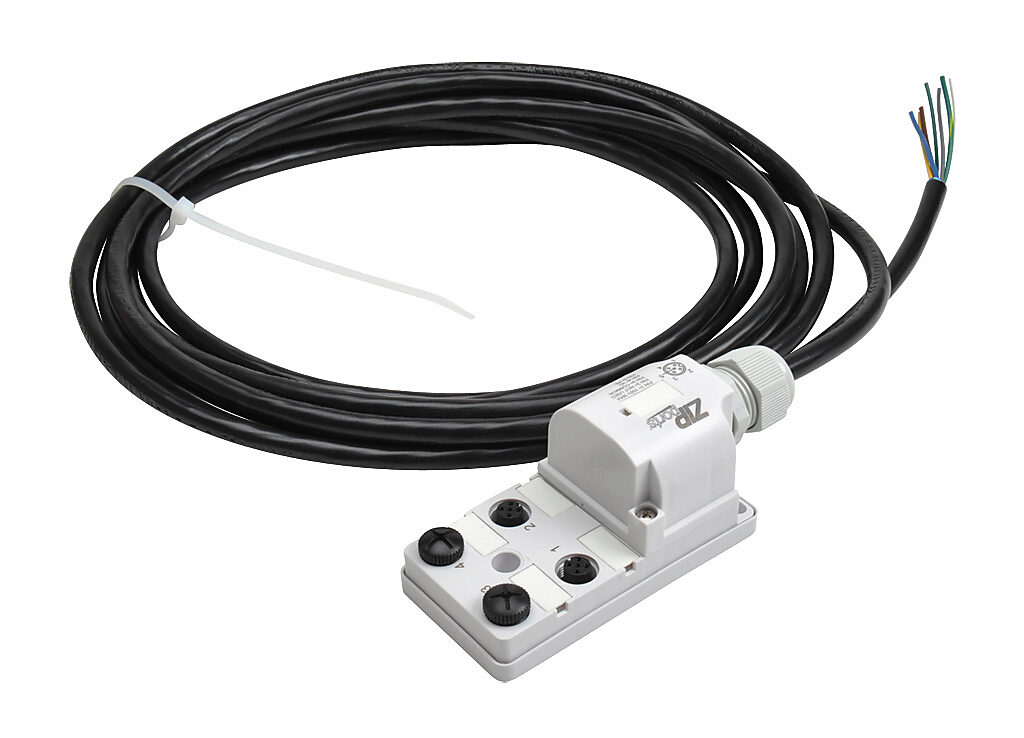 pino ZIPport Junction Block: 4 ports, 5-pin M12 sockets (PN# ZP-JBH44
