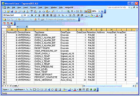 example of tagname database exported as xls